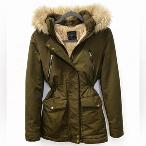 Women's Zara Olive Parka Jacket with Faux Fur Hood Small